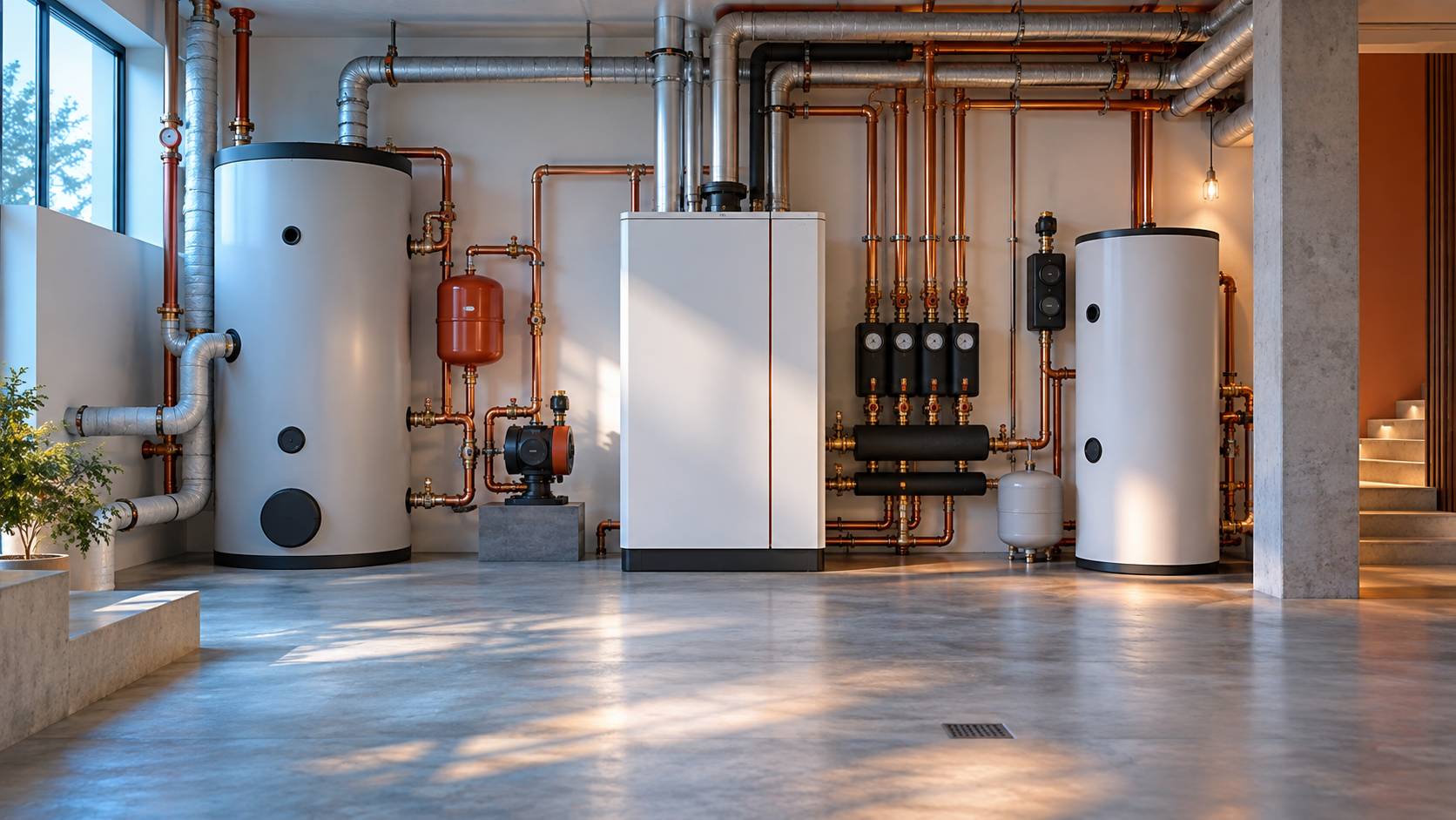 Chaufferie propre avec circulateur et tuyaux isoles