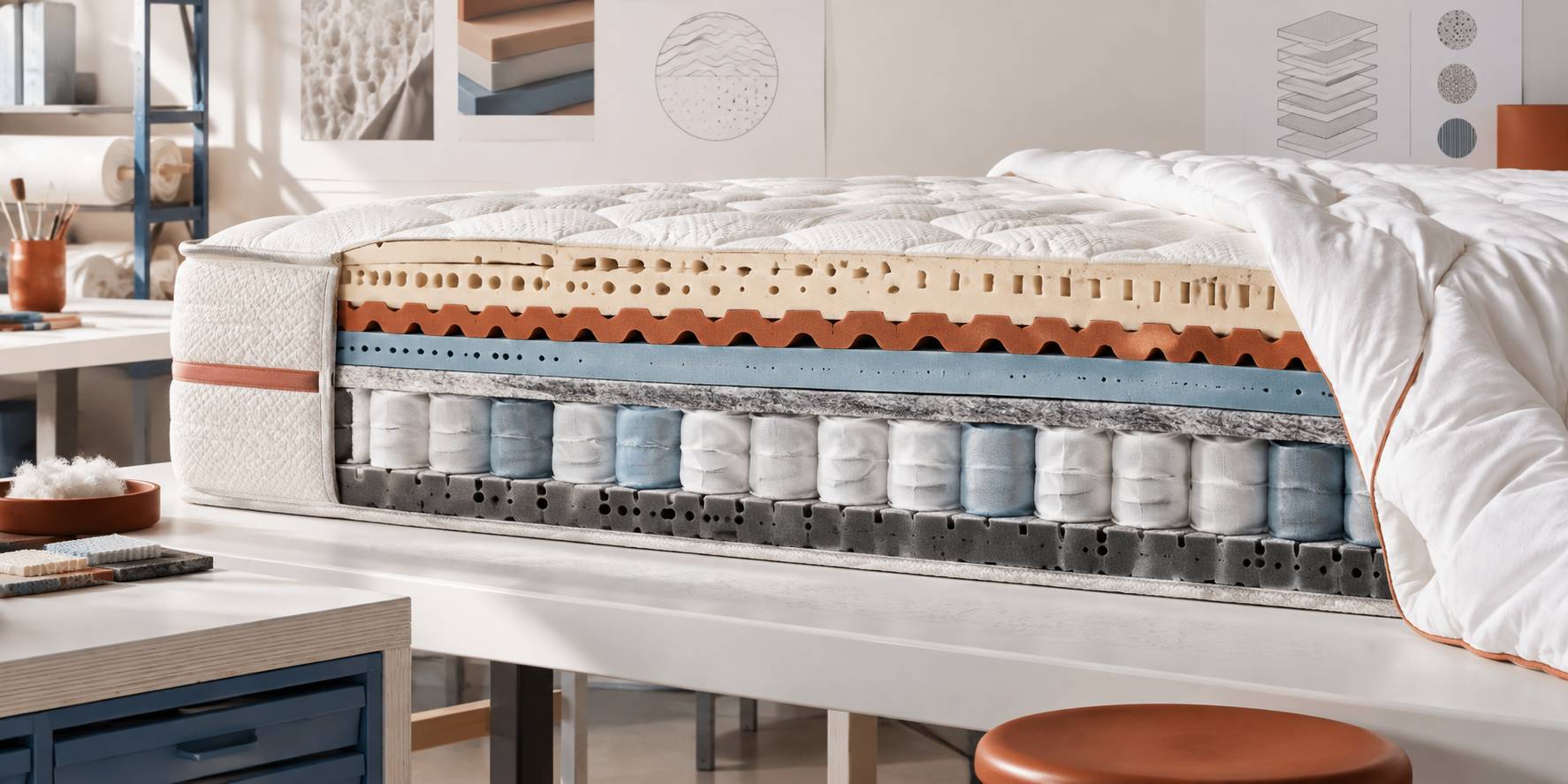 Gros plan sur la coupe d'un matelas révélant ressorts et couches de mousse