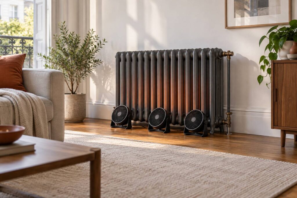 Radiateur en fonte équipé de petits ventilateurs silencieux dans un salon clair