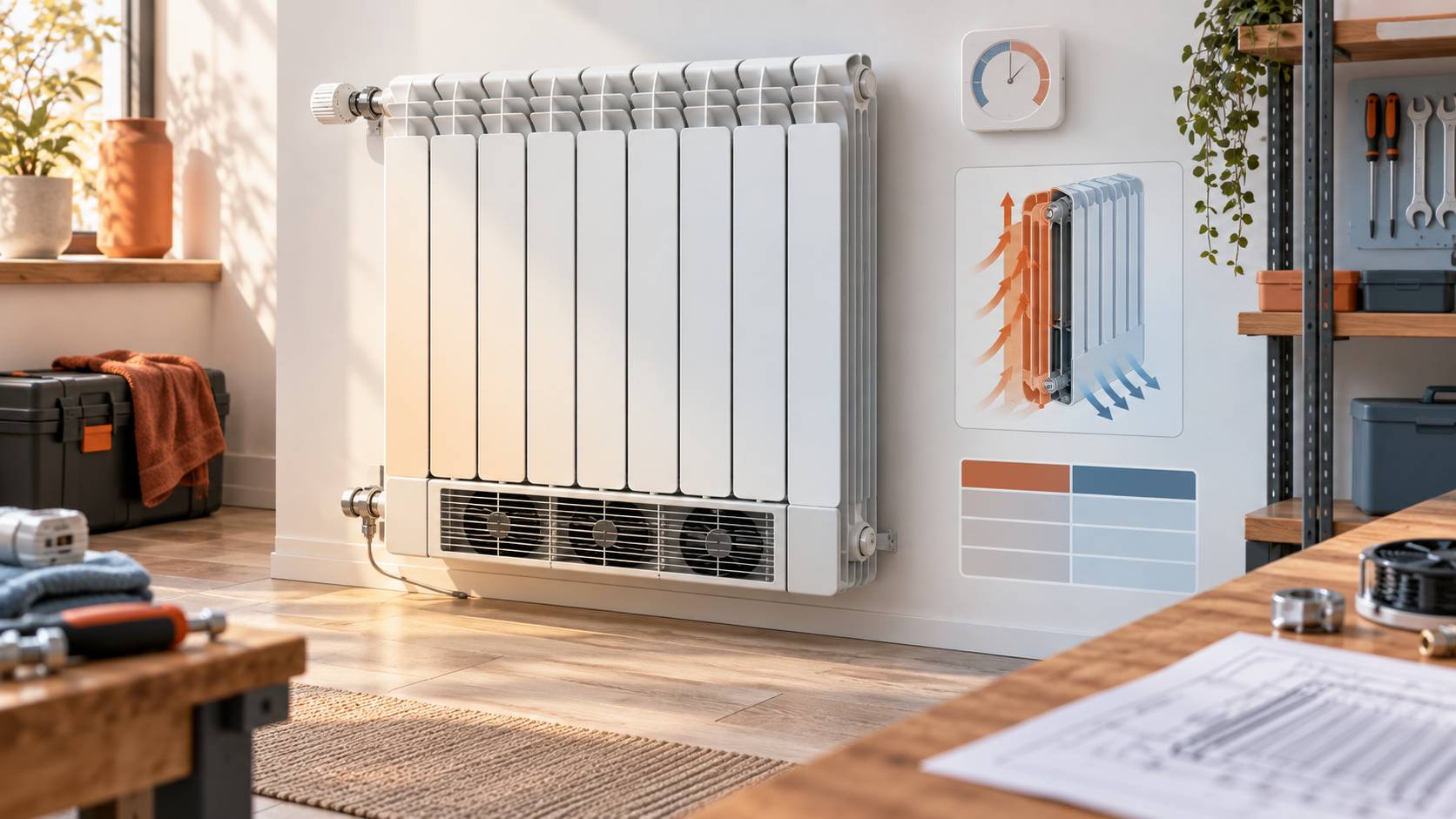Radiateur en fonte équipé de petits ventilateurs silencieux dans un salon clair