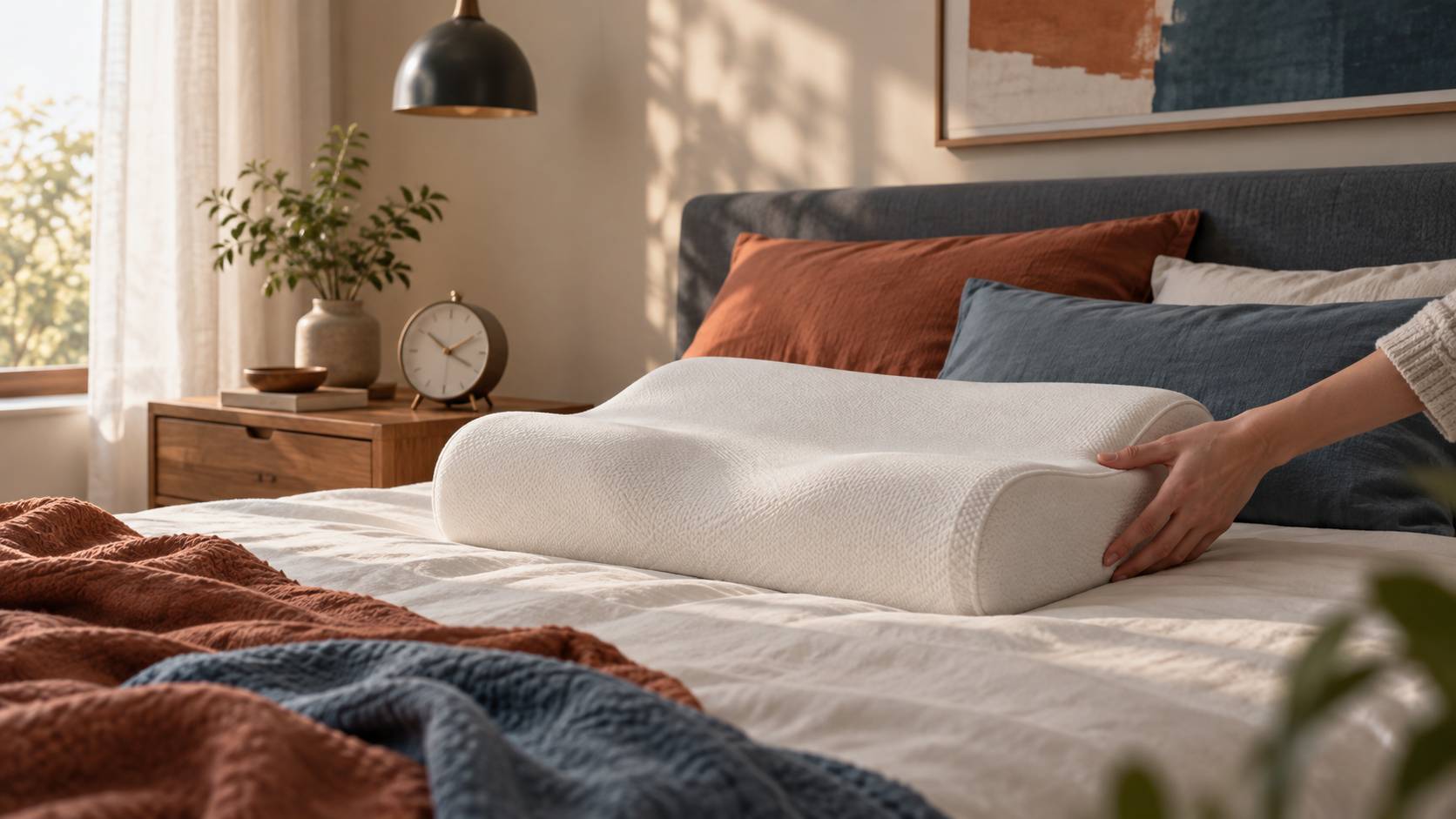 Oreiller ergonomique ajusté par une main sur un lit, lumière douce du matin