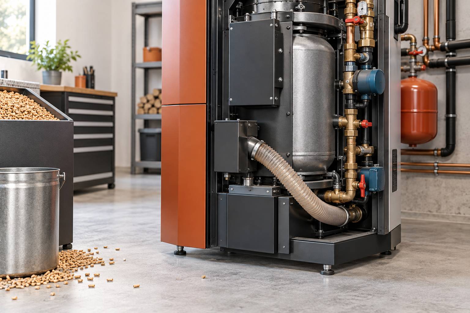 Vue rapprochée d'un corps de chaudière à granules et de ses raccords hydrauliques