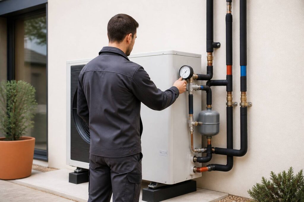 Pompa di calore aria-acqua installata accanto a una casa moderna con raccordi idraulici ordinati