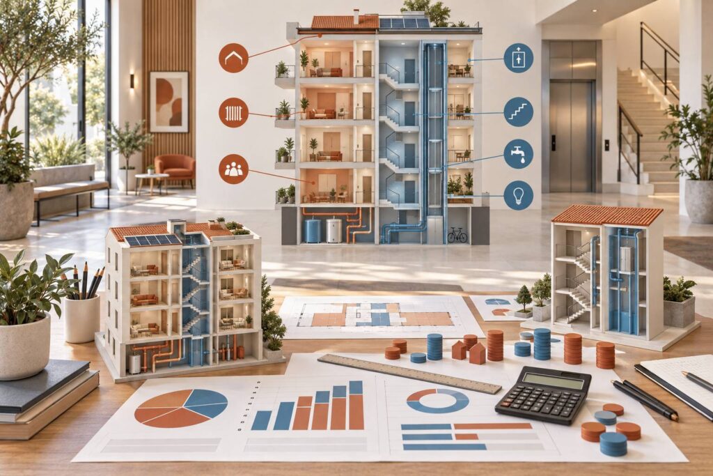 Illustration éditoriale du sujet : Spese Condominiali: Guida Completa al Calcolo, Responsabilità di Pagamento e Consigli per Evitare Errori
