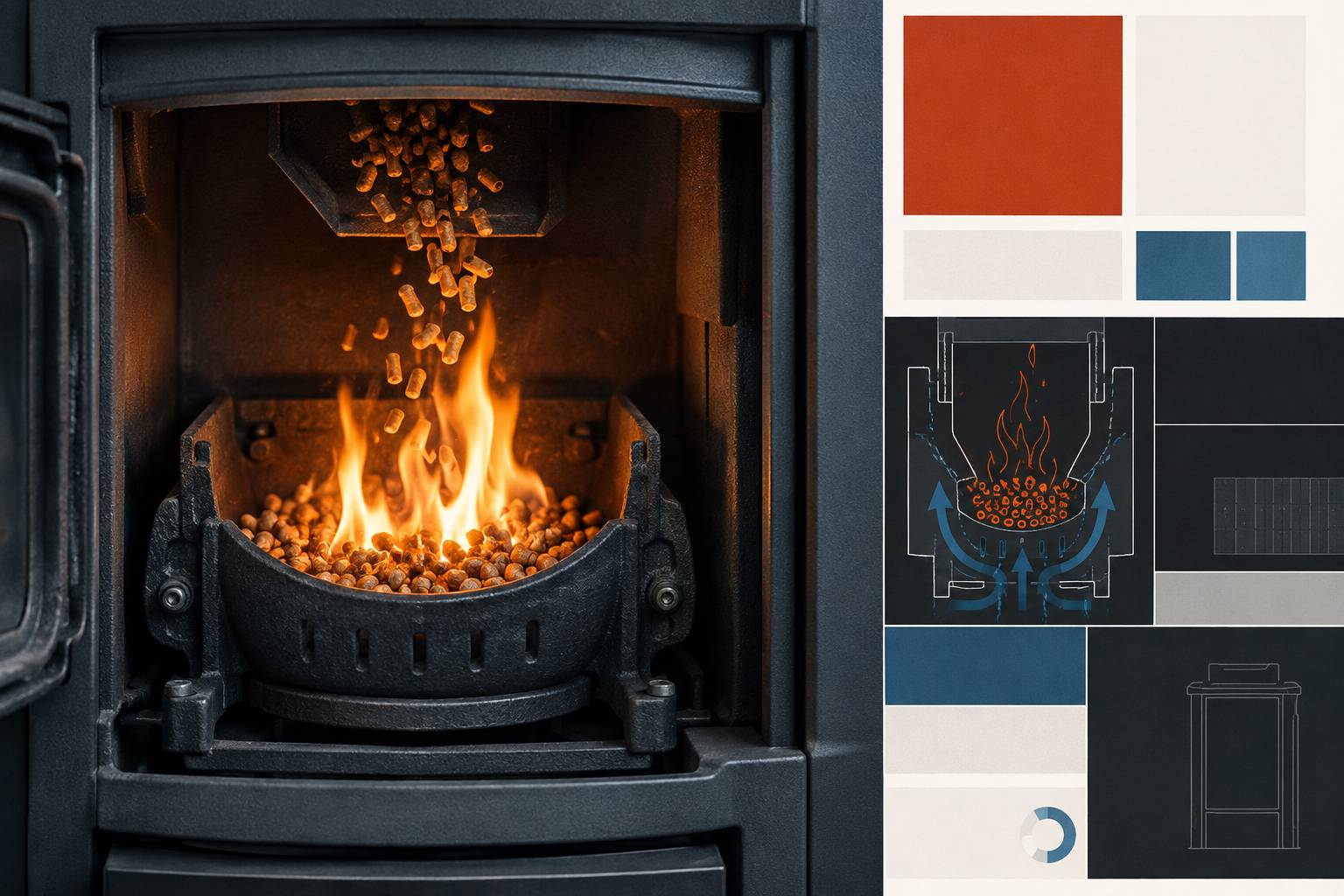 Foyer d'un poêle à granulés avec flammes orangées et granulés incandescents
