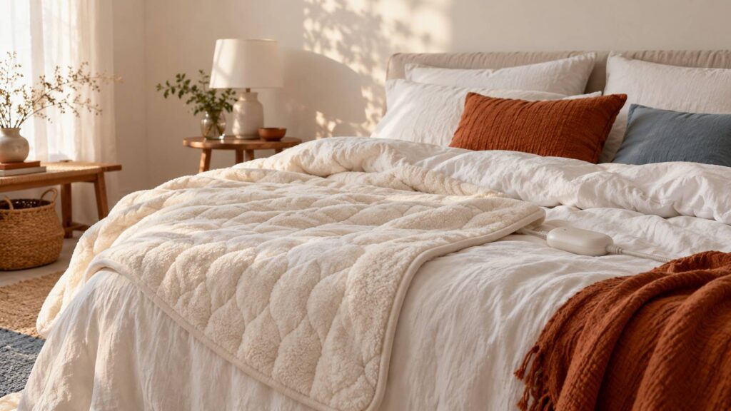 Couverture chauffante textile posee sur un lit avec sa commande detachable