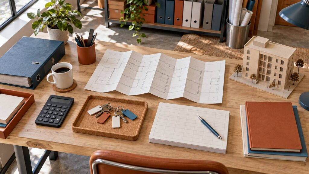Bureau de gestion immobiliere avec plans de batiment, jeu de cles et fiches structurees