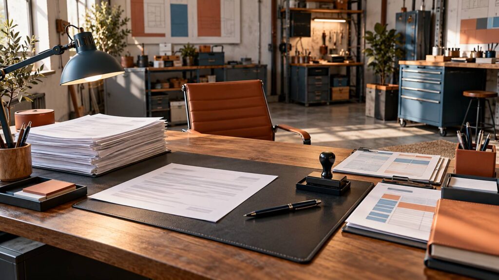 Bureau administratif avec pile de contrats, tampon encreur et lampe de bureau