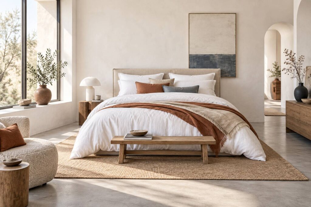 Lit recouvert d'une couette blanche epaisse dans une chambre lumineuse