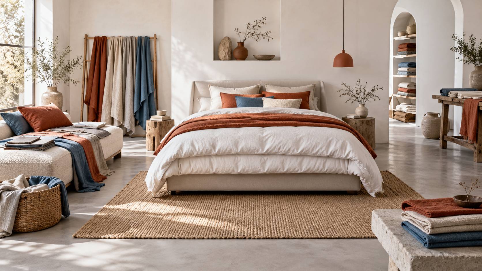 Couette pliee et echantillons de textiles dans une chambre