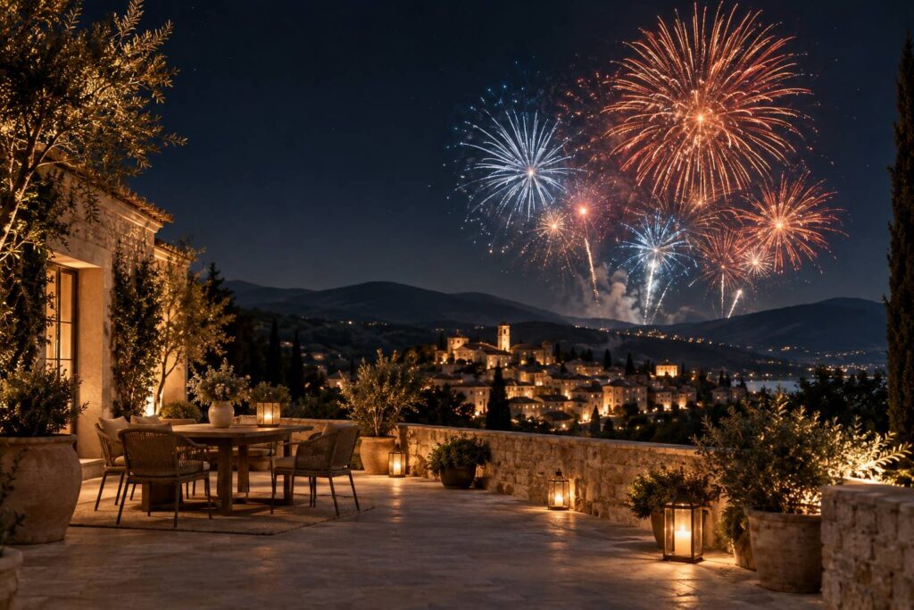 Feux d'artifice colores dans un ciel sombre au-dessus d'une place de village