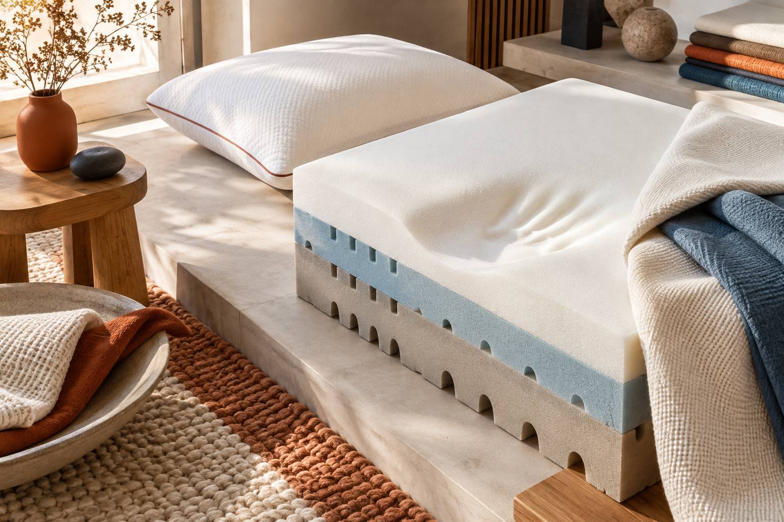 Bloc de mousse a memoire de forme et oreiller dans un coin de chambre