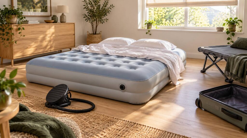 Matelas gonflable double gris et bleu posé au sol avec une pompe à pied à côté