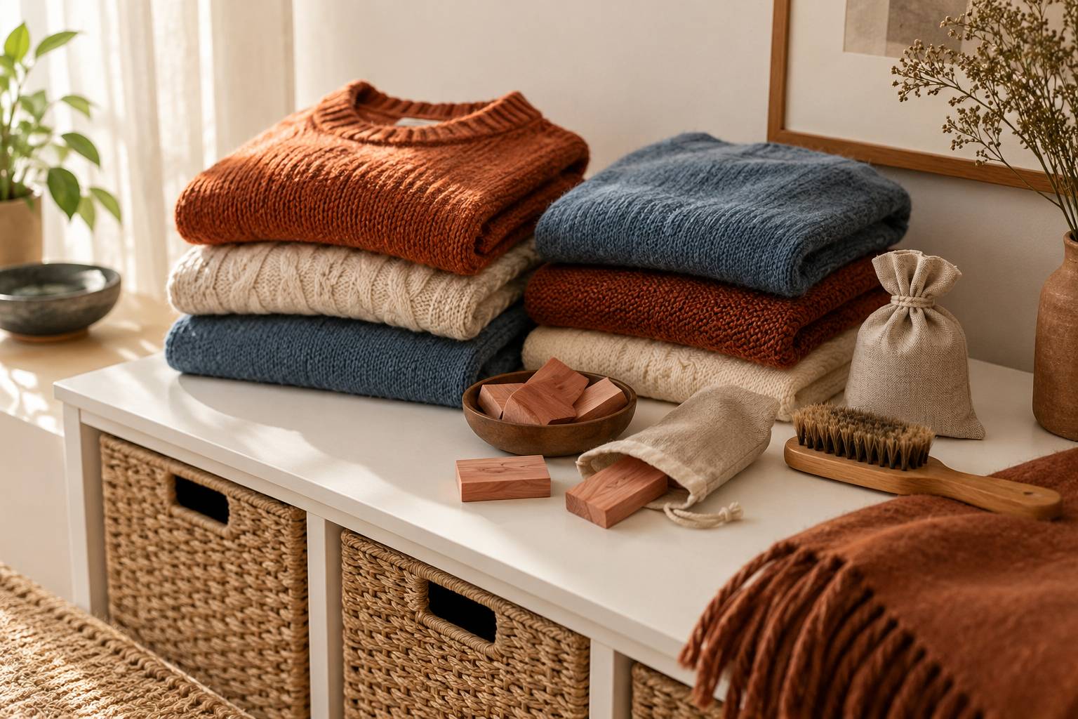 Pulls en laine pliés et brosse à vêtements pour le rangement