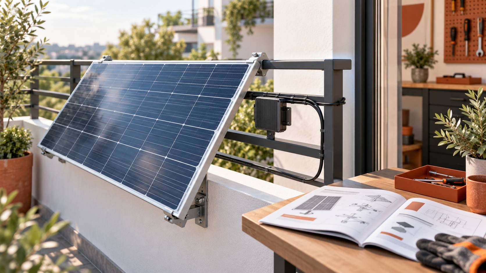 Gros plan d'un panneau solaire sur un garde-corps avec micro-onduleur et cable