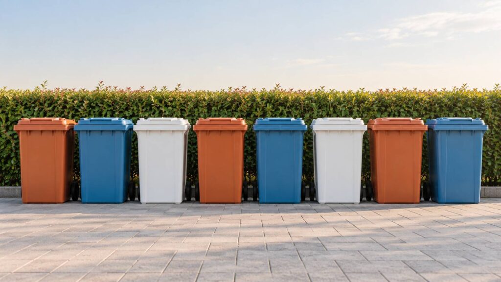 Point de collecte de déchets avec conteneurs colorés alignés