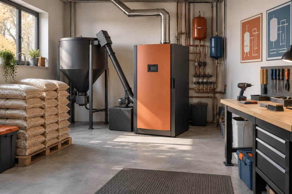 Chaudière à granulés de bois et sacs de granulés dans un local technique
