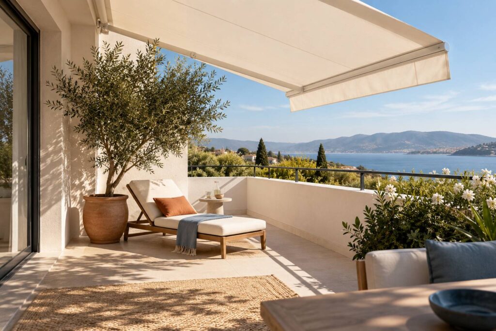 Terrasse protegee du soleil par un store banne deploye