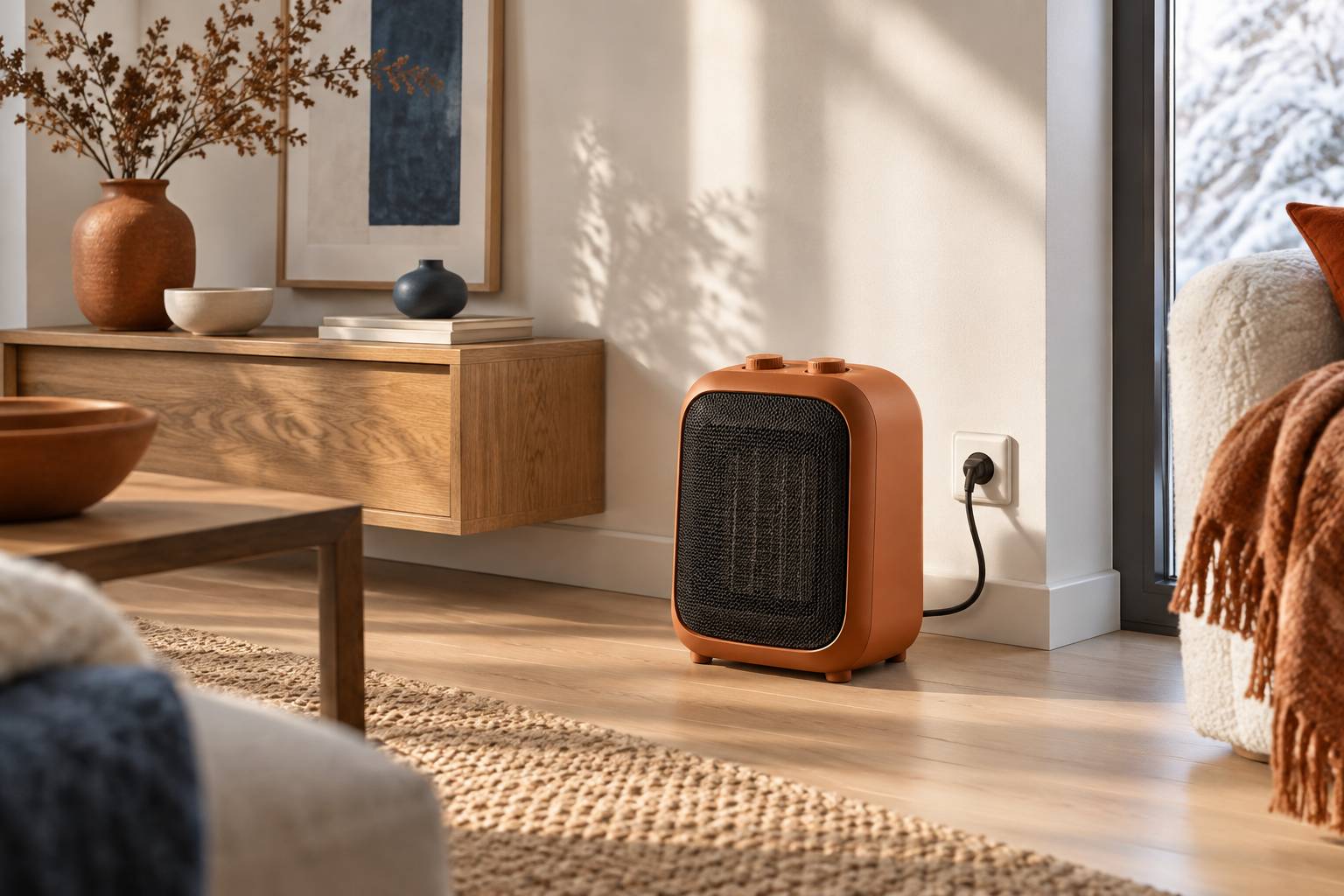 Radiateur soufflant portatif posé sur un parquet clair près d'une prise