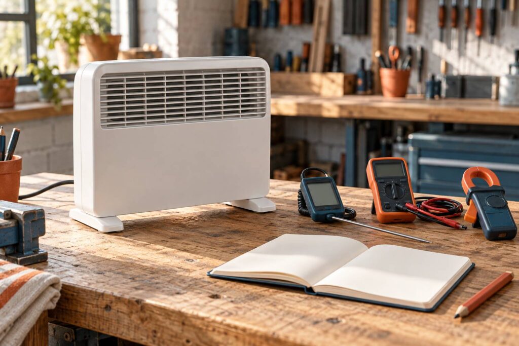 Radiateur électrique d'appoint sur un établi avec thermomètre et multimètre
