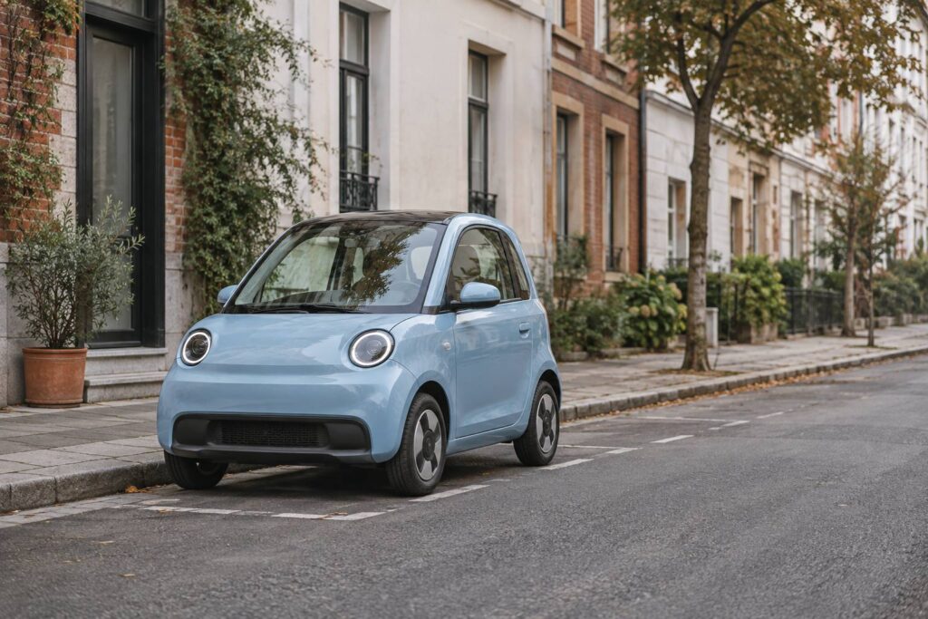 Petite voiturette electrique compacte stationnee dans une rue urbaine ordinaire