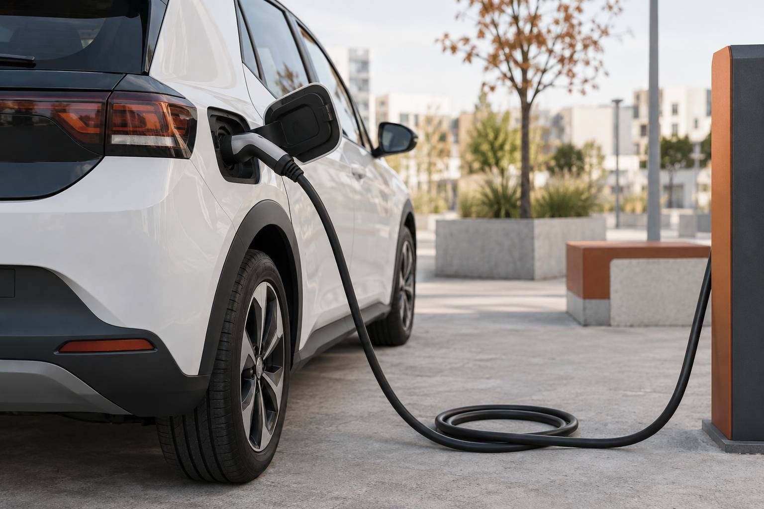 Connecteur de recharge de type 2 branche sur un vehicule electrique compact